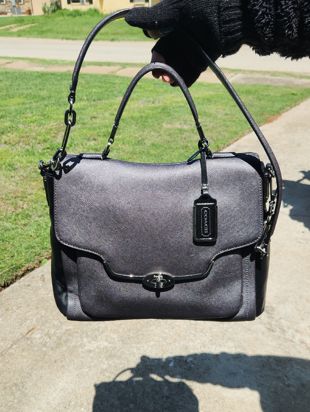 Coach Metallic Charcoal Turnlock Satchel in Smoke